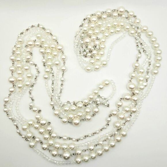 Premier Designs Long Faux Pearl and Glass Beads on Silvertone Link Necklace 63"‎ - Picture 2 of 3